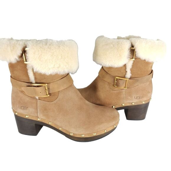 UGG Women's Brea US 9 Suede Chestnut Studded Fur Shearling Clog Boots - Picture 9 of 13